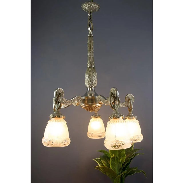Art Deco Style Bronze and Frosted Glass Floral Chandelier, 1930s For Sale - Image 12 of 18