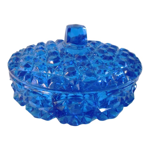 Mid-Century Lazer Blue Cut Glass Lidded Divided Bowl For Sale