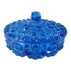 Mid-Century Lazer Blue Cut Glass Lidded Divided Bowl