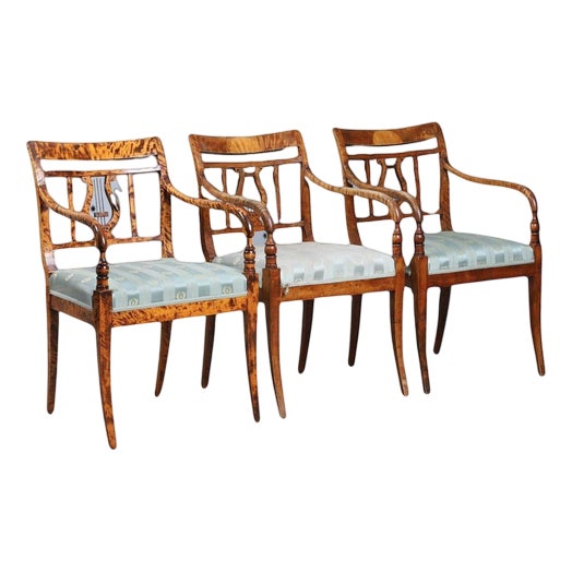 Swedish Biedermeier Golden Birch Carver Chairs, Late 1800s, Set of 3 For Sale