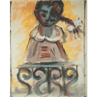 Roger Crusat, Young Girl at the Window, Gouache on Paper For Sale