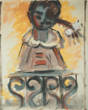 Roger Crusat, Young Girl at the Window, Gouache on Paper