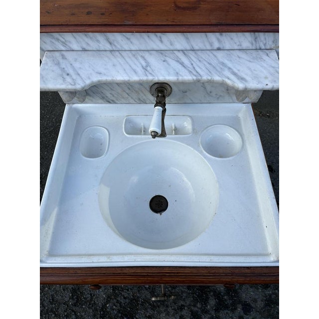Antique French Washstand in Pitch Pine and White Marble with Zinc Water Tank, 1900s For Sale - Image 12 of 17