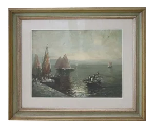 Oil on Canvas Painting of Marina with Fishermen, 1950s
