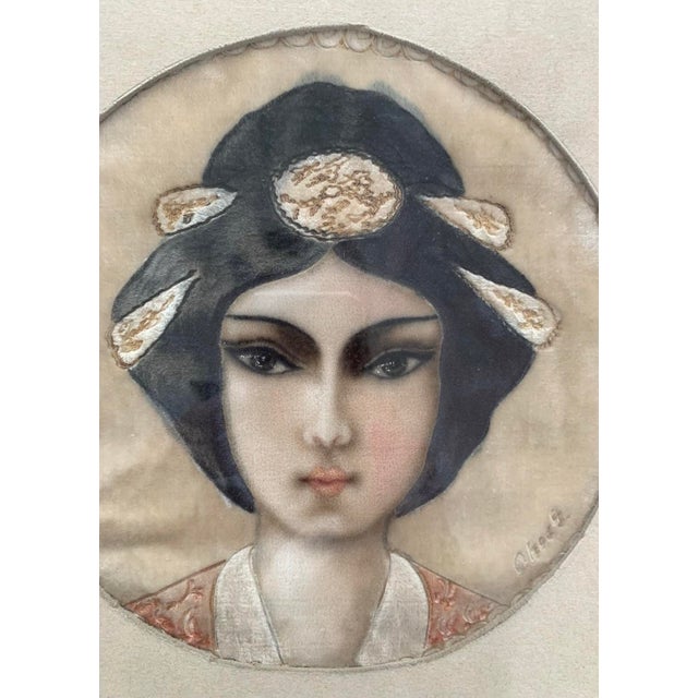 Stunning Antique Japanese Geisha portrait velvet painting The technique might be “theorem painting” Painting size 8”D Full...