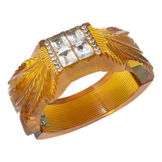 Vintage Art Deco Carved Bakelite and Paste Hinged Cuff, 1930s For Sale