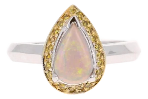 0.92 Carat Pear Cut Opal Yellow Diamond 14 Karat White Gold Ring, Size 7