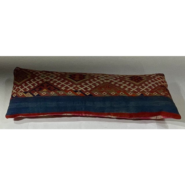 1960s Flat-Weave Geometric Motif Kilim Rug Fragment Pillow For Sale - Image 5 of 12