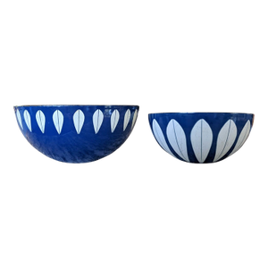 1960s Cathrineholm White and Blue Enamel Lotus Kitchen Bowls- Set of 2
