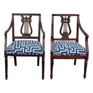 Vintage Lyre-Back Accent Chairs With Navy Geometric Upholstery - Set of 2 For Sale