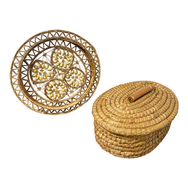 Late 20th Century Hand Woven Cowrie Shell Wall Hanging and Lidded Basket With Handle For Sale