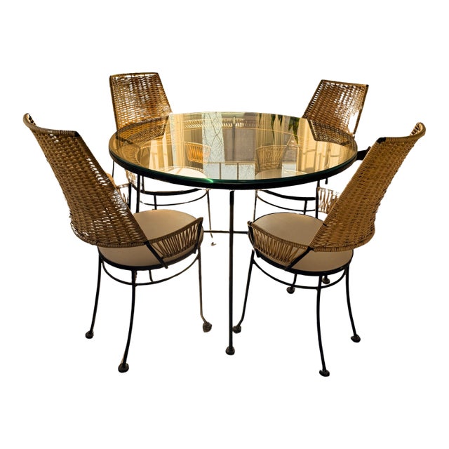 Vintage Dining Set- Wrought Iron & Resin Wicker, Glass Top Table, 4 Chairs Attributed to Arthur Umanoff for Shaver Howard For Sale