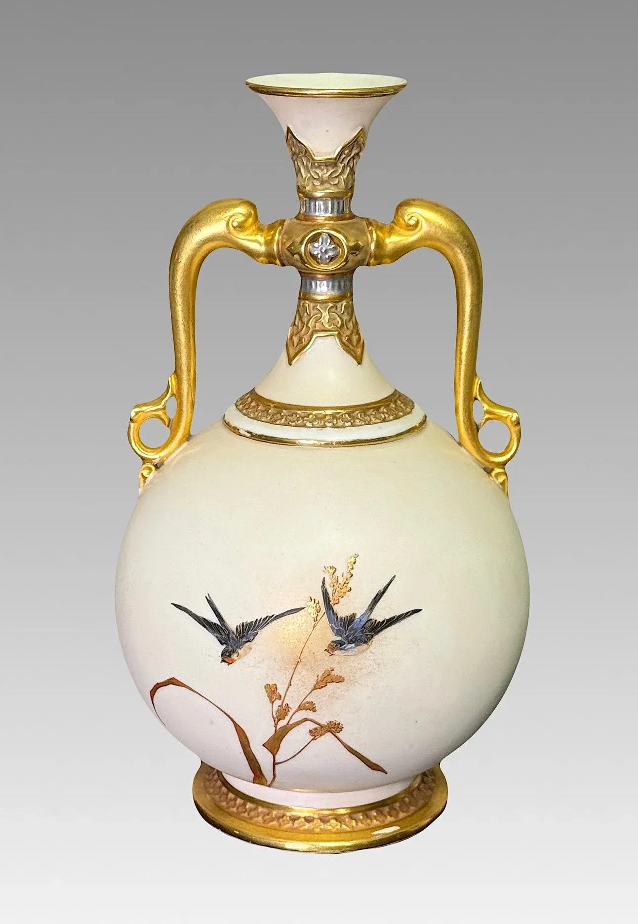Antique Royal Worcester Porcelain Twin Dolphin Handle Gilded Vase