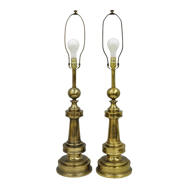 Vintage Stiffel Neoclassical Brass Cannonball Column Table Lamps - A Pair For Sale