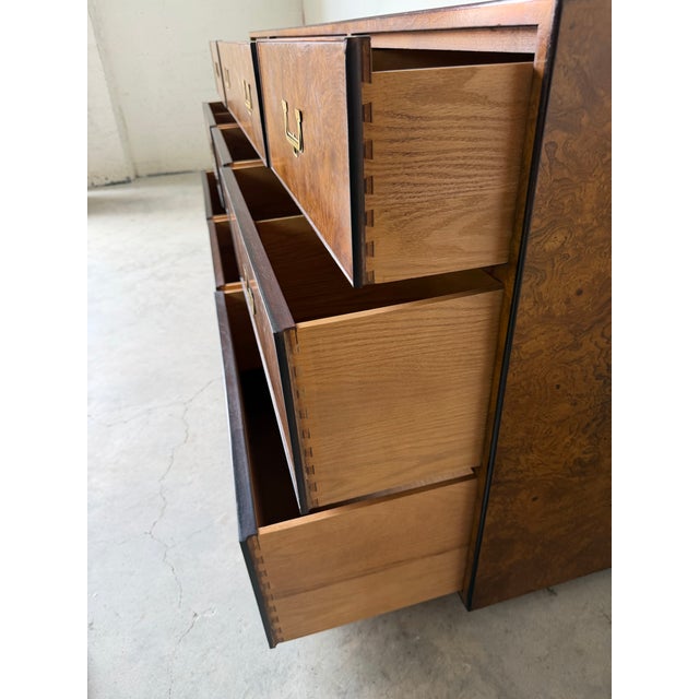 Wood 1970’s John Widdicomb Campaign Mid-Century Burlwood & Brass 9-Drawer Lowboy Dresser For Sale - Image 7 of 13