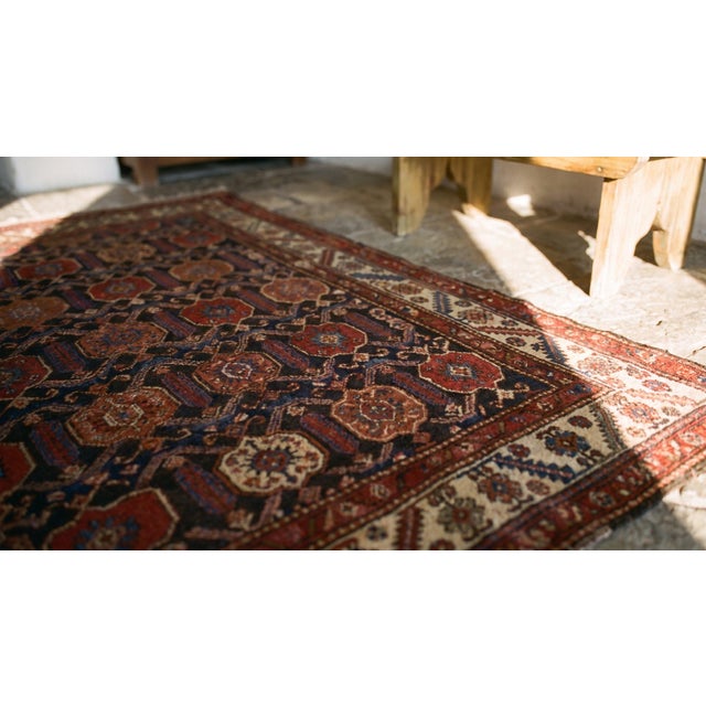 1920s Brown Geometric Tribal Antique Persian Malayer Rug 4'8" X 5'6" Handknotted Wool Carpet For Sale - Image 9 of 10