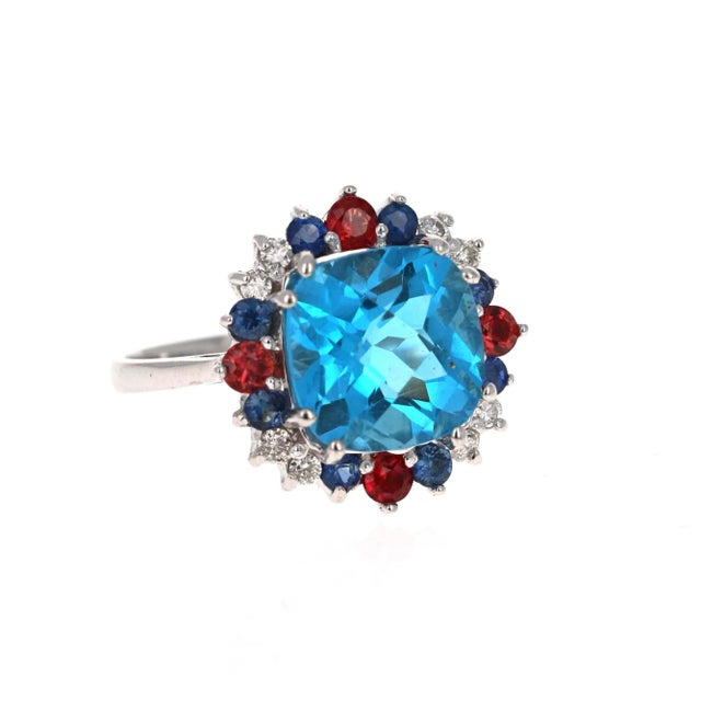 5.39 Carat Cushion Cut Blue Topaz Sapphire Diamond 14K Yellow Gold Cocktail Ring This beautiful Cushion Cut Blue Topaz,...