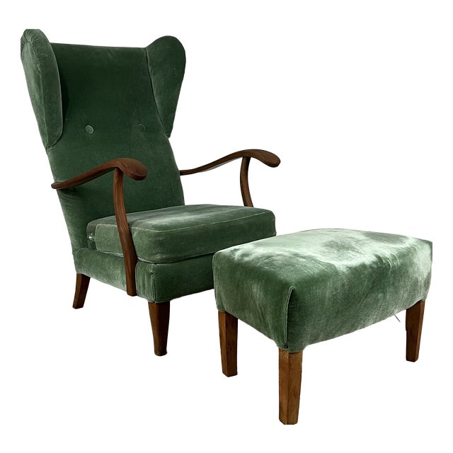 Set of Lounge Chair with Ottoman in Wood and Green Velvet by Paolo Buffa, 1950s For Sale
