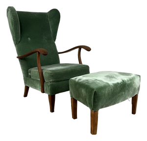 Set of Lounge Chair with Ottoman in Wood and Green Velvet by Paolo Buffa, 1950s