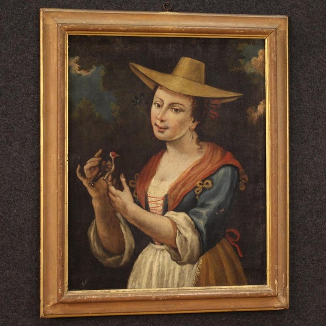 Italian Artist, Portrait of a Girl with a Goldfinch, 18th Century, Oil on Canvas, Framed For Sale - Image 15 of 17