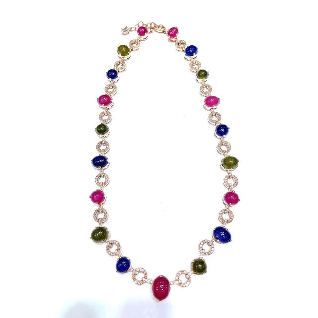 Art Deco Bochic “Capri” Vintage Ruby & Multi Color Sapphire Necklace In 18K Gold & Silver For Sale - Image 3 of 15