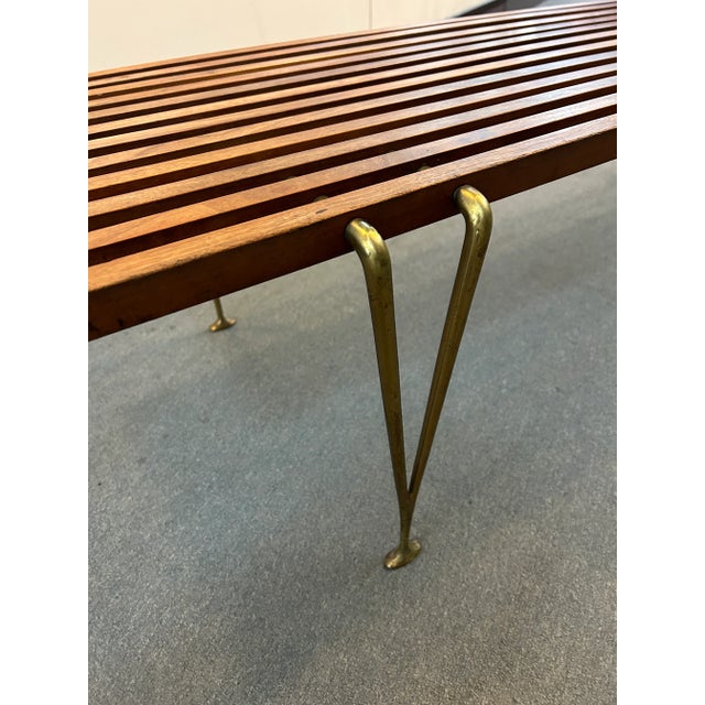 Brown 1960s Mid Century Brass + Walnut Slat Bench by Hugh Acton For Sale - Image 8 of 11