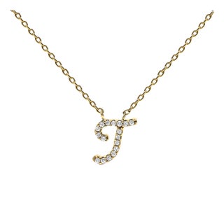 10K Yellow Gold Diamond Accent "T" Initial Script Style Pendant Necklace For Sale