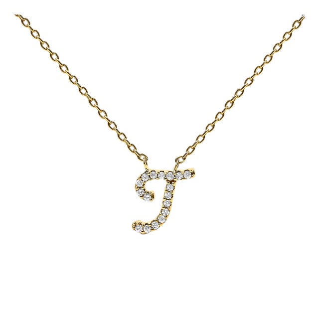10K Yellow Gold Diamond Accent "T" Initial Script Style Pendant Necklace For Sale
