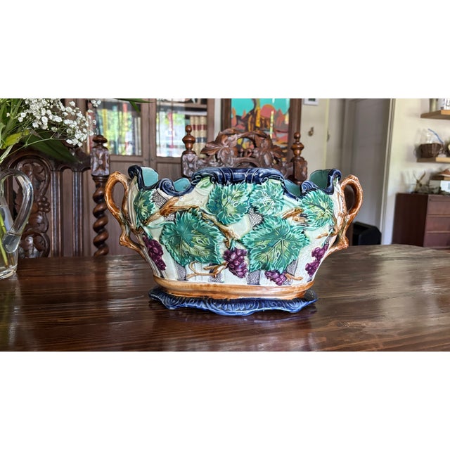 Vintage Majolica Grape Vine Jardinière Planter Cobalt Blue For Sale In Nashville - Image 6 of 12