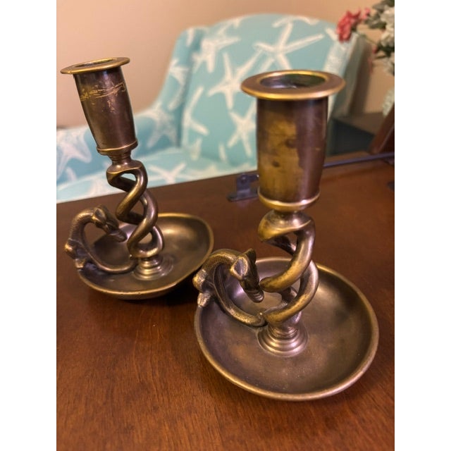 Gothic Vintage Brass Serpent Candlestick Holders – Mid‑Century Decorative Brass For Sale - Image 3 of 7
