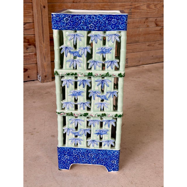 Large Pierced Celadon Faux Bamboo Ceramic Umbrella Stand or Jardinière For Sale - Image 11 of 12