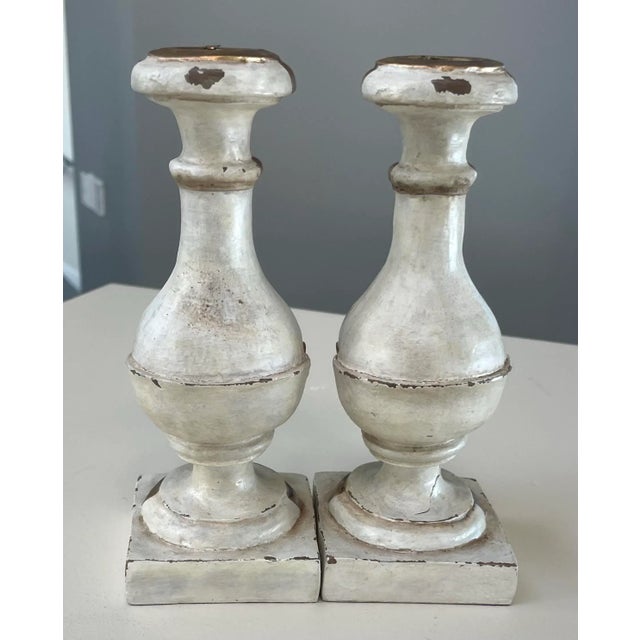 Italian Pair of Vintage Italian Style Whitewashed & Gilt Candlesticks For Sale - Image 3 of 6