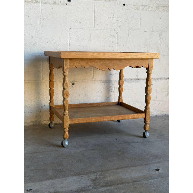 Mid-Century Modern Oak Tile Top Rolling Bar Cart Serving Tea Table in Style of Henning Kjaernulf Denmark Mid-Century 1970s For Sale - Image 3 of 10