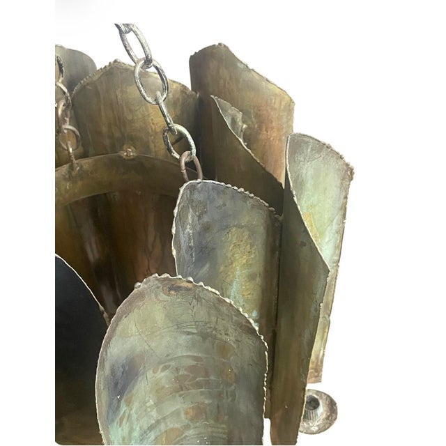 Metal Brutalist Torch-Cut Patinated Brass Candle Lantern Chandelier Attributed to Tom Greene for Feldman Lighting c.1960s For Sale - Image 7 of 10