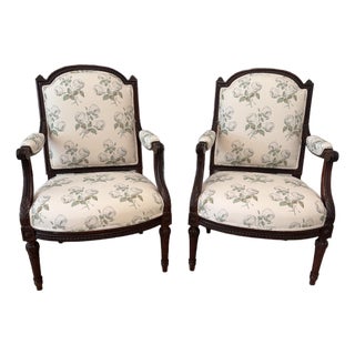 Vintage Louis XVI French Neoclassical Arm Chairs Newly Upholstered in Bowood Union For Sale