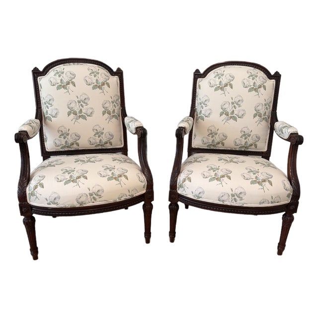 Vintage Louis XVI French Neoclassical Arm Chairs Newly Upholstered in Bowood Union For Sale