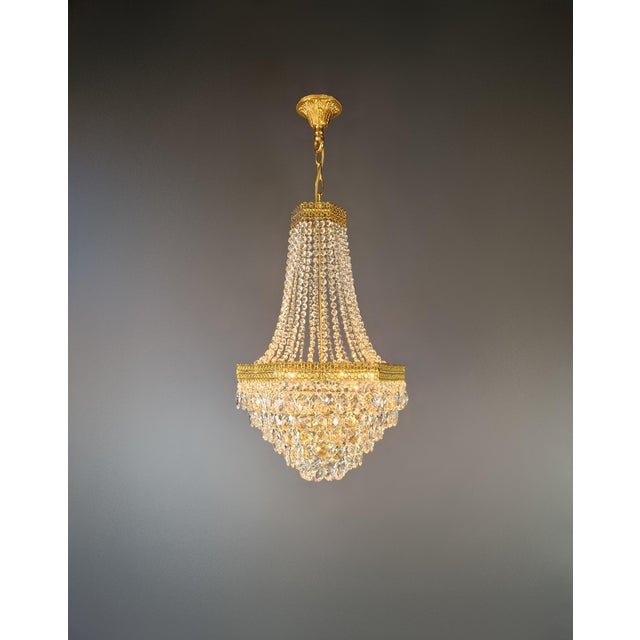 Art Deco Pair of1950s Brass Empire Sac a Pearl Chandelier Crystal Lustre For Sale - Image 3 of 12