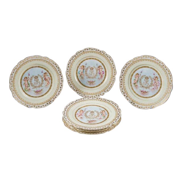 French Chateau Sevres Ivory Ground Decorated Plates - Set of 6 For Sale
