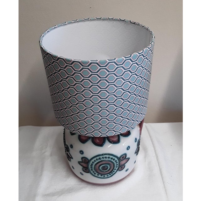 Vintage Table Lamp with Patterned Ceramic Foot and Fabric Screen, 1970s For Sale - Image 4 of 7