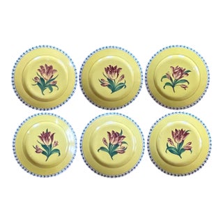 Antique 19th Century Paris Porcelain Tulip Plates With Canary Yellow Ground - Set of 6 For Sale