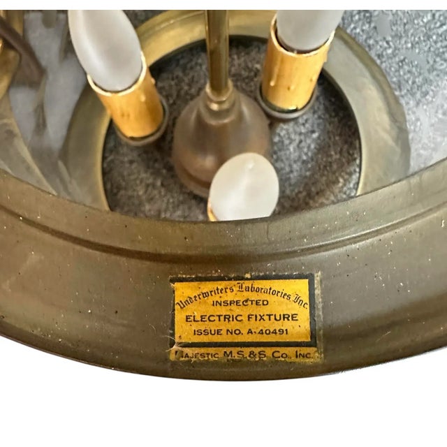 Majestic Lamp Company Mid 20th Century Brass Chandelier With Etched Glass For Sale - Image 4 of 5
