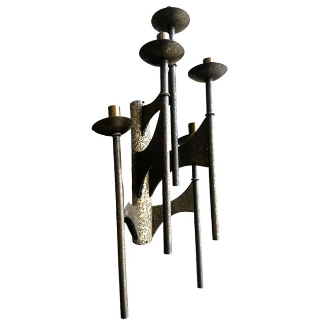 Pair of Large 43" H Brutalist Bronze Sconces From Famed Mid 20th Century Modern Shaare Zedek Synagogue in St. Louis - Made in 1950s For Sale - Image 4 of 12