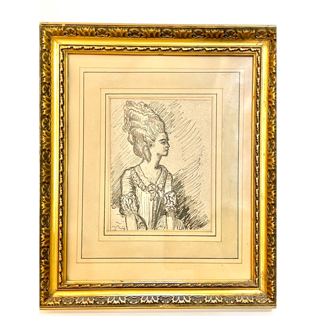 Antique French Pen and Ink Drawing Queen Marie Antoinette For Sale - Image 10 of 10
