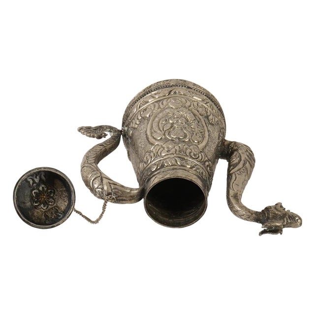 Asian Tibetan Asian Indian Repousse Chased Silver Alloy Ewer Teapot For Sale - Image 3 of 8