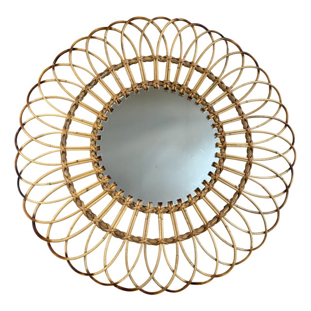Spanish Round Rattan Sunburst Mirror, 1950s For Sale