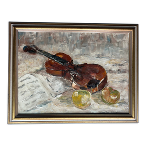Vintage Acrylic Still Life Painting of a Violin, Sheet Music and Two Apples