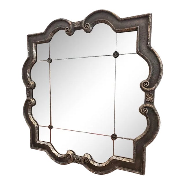 Modern Art Deco Style Silver Gilt Mirror With Rosettes and Antiqued Glass For Sale