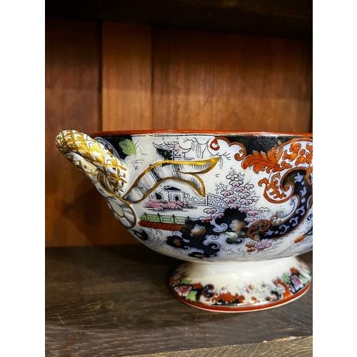 Ridgway Porcelain 1900s Ridgway Corey Hill Footed Oblong Tureen Bowl Imari Asian Orange Flow Blue 14.25" For Sale - Image 4 of 12