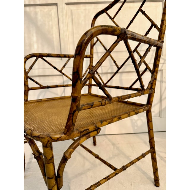 Pair of Mid-20th Century Faux Bamboo Metal Indoor/Outdoor Armchairs With Burnt Bamboo Tortoiseshell Finish For Sale - Image 13 of 16