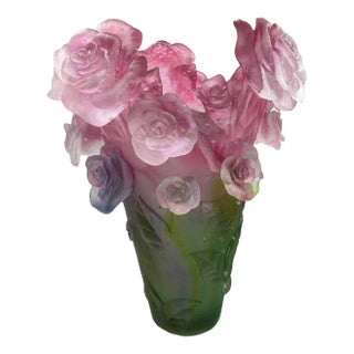 1970s Art Glass Vintage Crystal Multi Color Rose Vase, Signed France For Sale